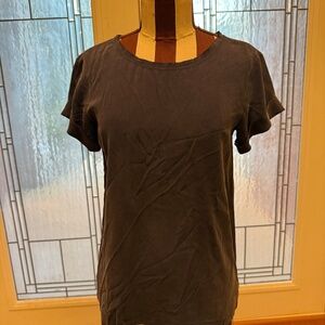 Theory Blue Bakeeve Blouse Womens 100% Silk Short Sleeve Top Raw Neckline P